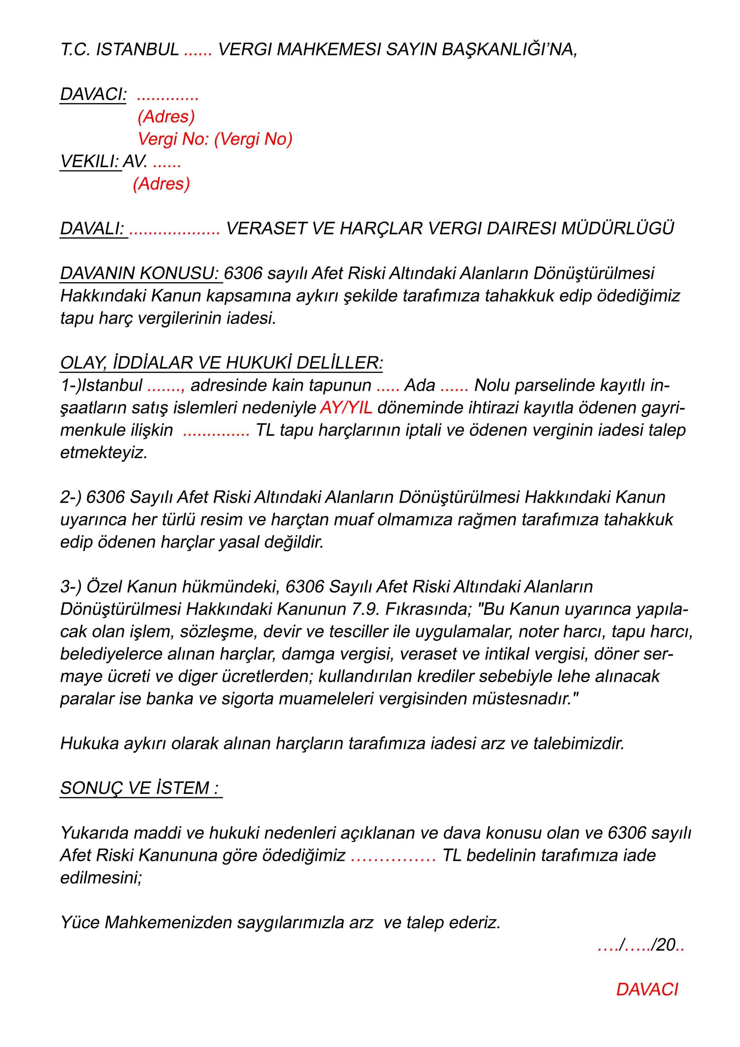 Tapu Harcı İade Dava Dilekçe Örneği