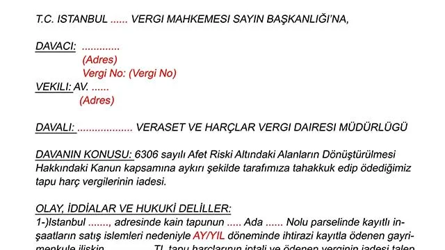 Tapu Harcı İade Dilekçe Örneği